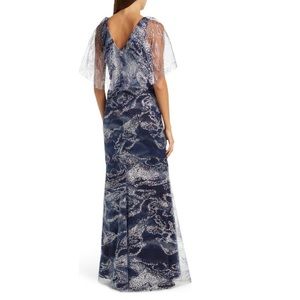 # Marchesa Notte Navy Glitter Tulle Cape Sleeve Gown New WTag